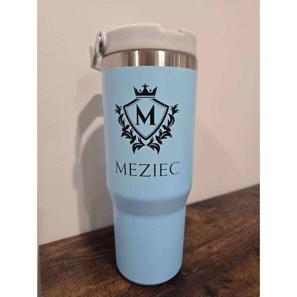 MEZIEC 30 oz Insulated Stainless Steel Tumbler Light Blue Handle Lid Straw NIB